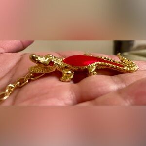 Gold-tone Lizard Keychain with Red Enamel